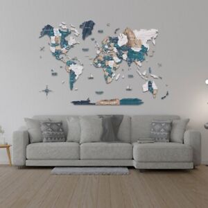 3D Colored Wooden World Map Wall Art Decoration Living Room Office Kitchen Gift
