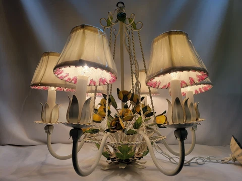 VTG Mid Century Italian Tole 6 Light Chandelier Leaf Metal Flowers Roses Rewired Cover