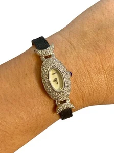 Diamonique Jeweled Mother of Pearl & Genuine Leather Ladies Watch 8 Inches - Picture 1 of 10