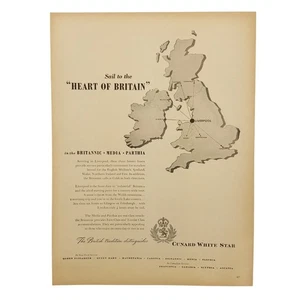 1950 Cunard White Star Line Vintage Print Ad Sail To The Heart Of Britain - Picture 1 of 2