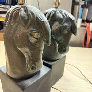 Vintage Mid Century Modern Green Bronze Horse Head Table Lamps Pair Equestrian - Picture 1 of 18