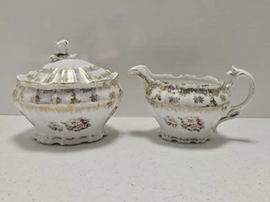 Antik Weiß mit Gold & Rosa Rose Opalisierende Glasur Limoge Stil Zucker & Milchkännchen - Bild 1 von 7