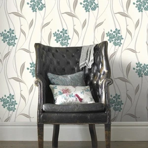 Superfresco Elise Textured Metallic Floral Teal/Silver Floral Wallpaper 20-823 - Picture 1 of 3