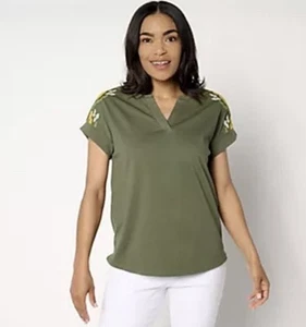 Denim & Co. Cotton Slub Jersey Embroidered Dolman Top Dark Olive Plus Size 3X - Picture 1 of 8