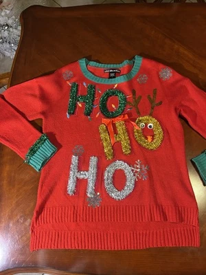 LARGE "HO HO HO" Ugly Christmas Sweater Sequin Reindeer Holiday Party Top - Image 1 of 4