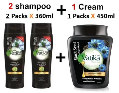 Champú para el cuidado del cabello Vatika 2 piezas X 360 ml + crema hammam de semillas negras Vatika 1 pieza X 450 ml Foto 1 de 4