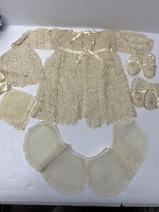 Vintage Antique Hand Knit Crochet Ivory Matinee Dress, Bonnet 2x Booties