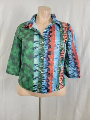 Button Down Shirt Collar 3/4 Sleeve Abstract Lines Colorful 2XL Runs Small - Image 1 of 4