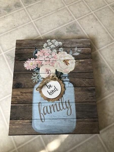 Mason Jar Family Wall Art Pallet Background Sign White Flowers be Kind - Picture 1 of 3