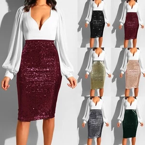 Women'S Solid Color Sequins Fashion High Waist Slim Full Bed Skirt with Splits - Picture 1 of 30
