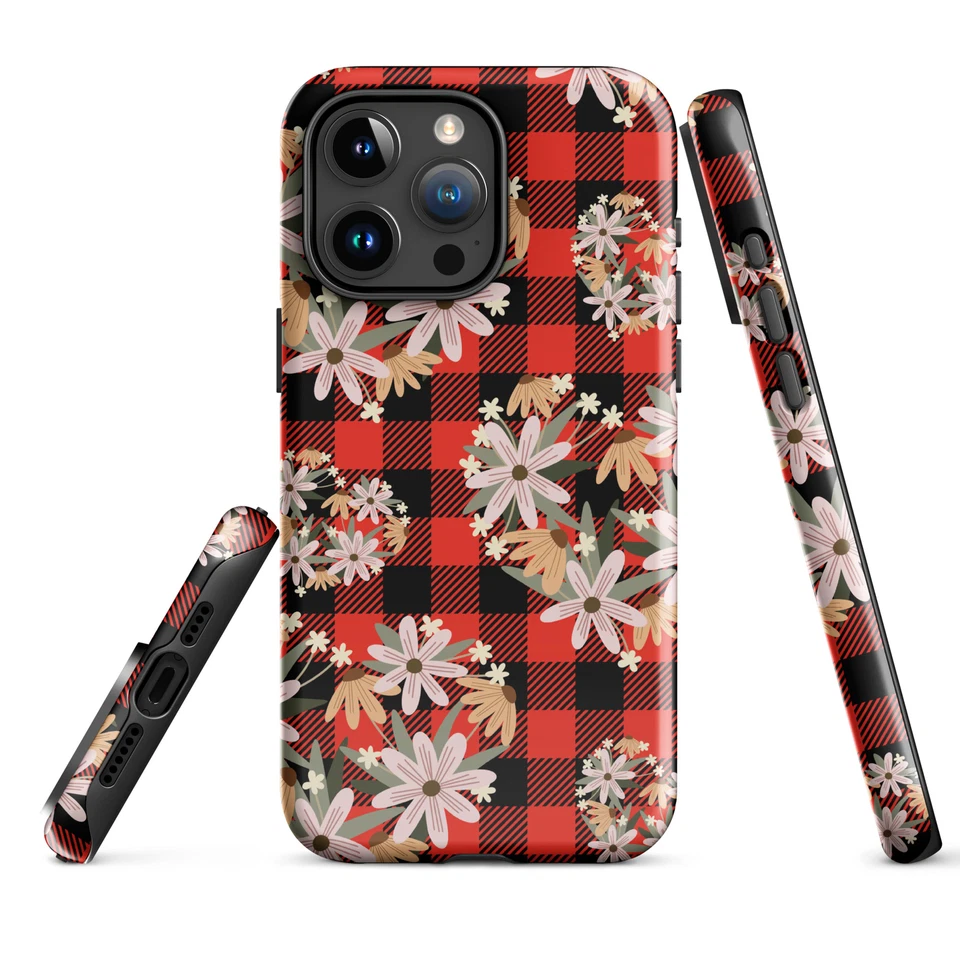 iPhone Case Red & Black Buffalo Check Daisy Heart Tough Phone Case - Image 1 of 1
