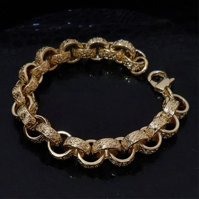 Mens Gold 12mm Patterned Belcher Bracelet 8" Length Rolo Links Ornate Design - Image 1 of 4