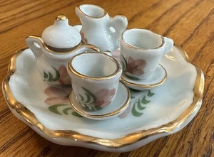 Vintage Miniatur Porzellan Teeservice Teller Tassen rosa Blumen Goldrand - Bild 1 von 9