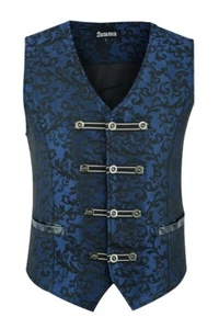 Premium Men's Vest Waistcoat Blue Damask Velvet Goth Steampunk VTG/Brocade Vest - Picture 1 of 4