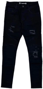 Crysp Denim Men's Biker Moto Distressed Ripped Skinny Fit Stretch Jeans in Black - Picture 1 of 3