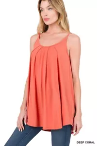 Sleeveless Tank Top Tunic - Pleated Scoop Neck Casual Flowy Deep Coral Size M - Picture 1 of 4