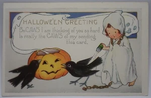 ANTIQUE WHITNEY HALLOWEEN POSTCARD GHOST GIRL SALT ON RAVEN/CROW JACK O LANTERN - Picture 1 of 12