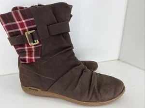 Patagonia Kula Buckle Boots Espresso Brown Red Plaid Side Zip Flats Womens 10 - Picture 1 of 8