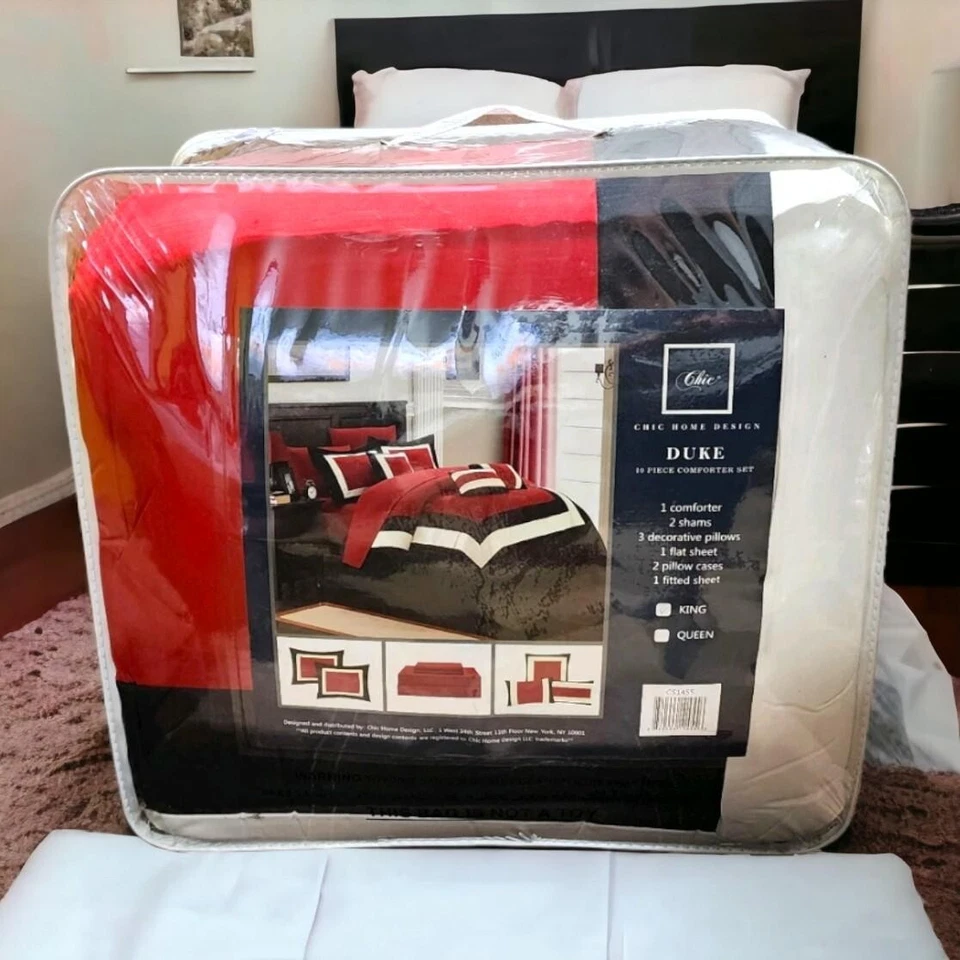 Chic Home Duke Comforter 10 Pc Set, King Red, Black & White CS1455 New In Bag - Image 1 of 4