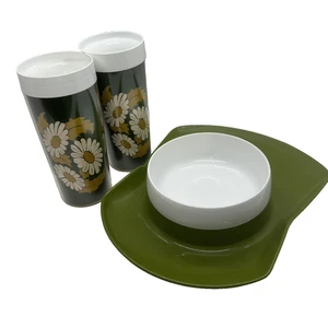 Vintage Daisy Avocado Thermo-Serve & Thermos Insulated Cups & Bowl 3 Piece Lot - Picture 1 of 10