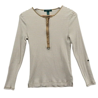Lauren Ralph Lauren 1/2 Zip Top Womens Cream Brown Striped Long Sleeve Size M - Image 1 of 4