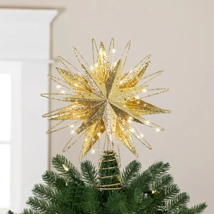 LED Lighted Glittered Starburst Christmas Tree Topper - 13" - Gold - White - Picture 1 of 7