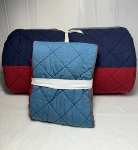 Pottery Barn Kids Gray Blue Red Block Stripe Twin Quilt and Standard Sham - Picture 1 of 9