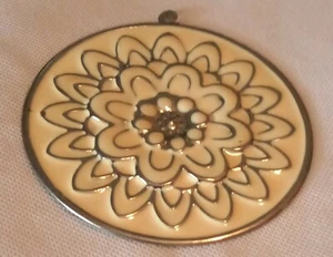 Enamel Pendant Cream Color 3 X 3 Inches Mixed Metals Vintage Ships Free - Picture 1 of 17
