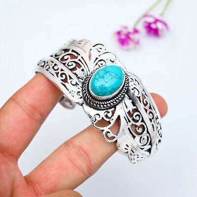 Blue Turquoise Gemstone Handmade 925 Sterling Silver Adjustable Bangle Jewelry - Image 1 of 4