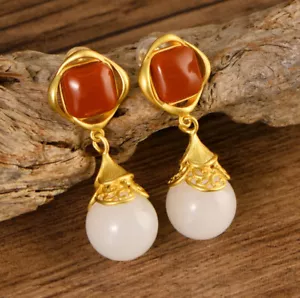 I01 Orecchini Elegante Placcato Argento 925 Sfera Di Bianca Giada Agata Rossa - Foto 1 di 6