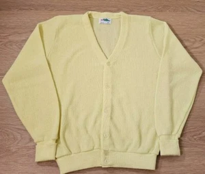 Vintage 70s 80s Womens Medium Sears Bright Yellow Acrylic Knit Cardigan Sweater - Picture 1 of 8