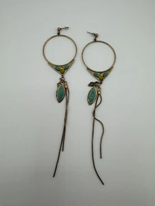 Boho Gold Tone Hoops Dangle Earrings Turquoise Green Long Chain Fringe - Picture 1 of 4