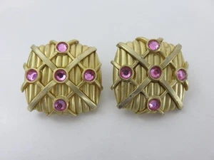 Vintage Dubin NR Earrings Brushed Gold Ear Clips Square Lattice Pink Crystals - Picture 1 of 4