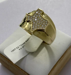 10K Solid Yellow Gold TEXAS CZ Ring Mens Ring 10 Karat Real Gold Heavy Ring - Picture 1 of 5