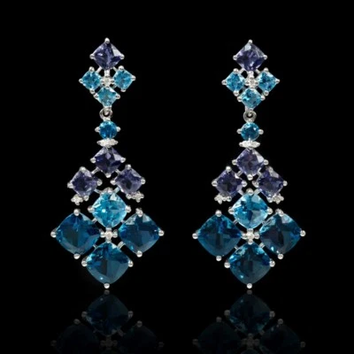 Unique Aquamarine, Amethyst & Blue Topaz 19.75 CTW Dangle 925 Silver Earrings - Image 1 of 4
