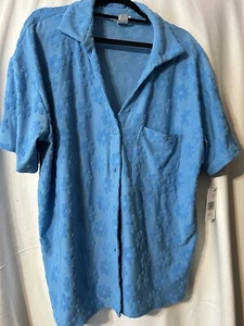 Moa Moa Button Down Blue Top Blouse Lounge Wear Flower Plus Size 1X NWT (S29) - Picture 1 of 8