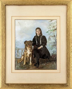 Antique Painted Photograph Girl & Dog - Picture 1 of 6