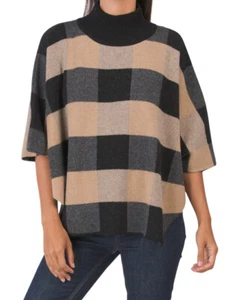 NOTE DI ANITA Merino Wool Checkered Dolman Sleeve Mock Neck Poncho Made in Italy - Imagen 1 de 2