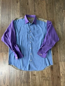 Hickey Freeman Men’s 80’s Style Colorblock Button Up Large Made in Italy Purple - Picture 1 of 17