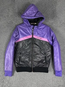 Rare Reebok Classic Hooded Puffer Jacket Purple Black Pink Womens Small Quilted - Picture 1 of 11