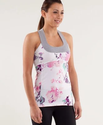 Camiseta sin mangas Lululemon espalda cruzada sujetador incorporado blanco gris floral flor borrosa talla 4 Foto 1 de 4