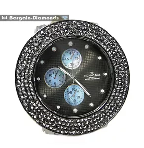 Mens 60 mm Black CZ Clubbing Watch Black CZ Dial 7.5"-9.5" Black Leather Strap - Picture 1 of 10