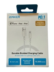 Anker 6' Braided Lightnin to USB-A Charging Cable - White Brand New - Photo 1 sur 3
