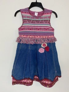 Oilily Girls Boho Dress Fair Isle Sweater Denim Floral Fringe Size 116 (US Sz 6) - Picture 1 of 15