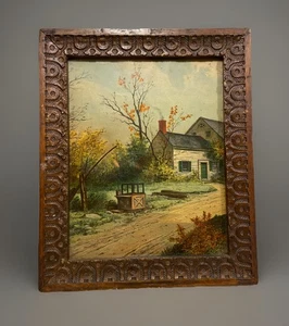 Antique 10x12” Country Litho Print W/Carved Wood Frame & Glass - Picture 1 of 8