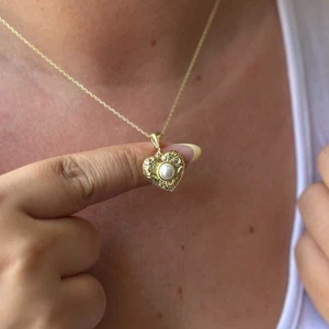 14k Gold Lab-Created Pearl Heart Pendant Necklace, 925 Silver Chain Gift Women - Picture 1 of 4