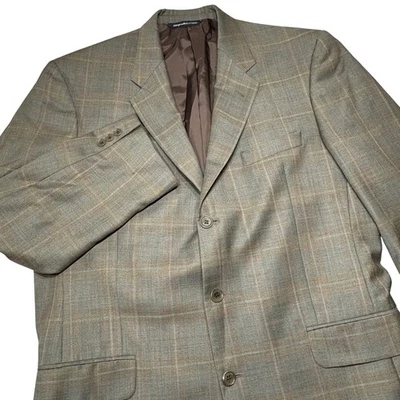 Coppley Mens Blazer Jacket Wool Plaid Ermenegildo Zegna Cloth Tan Brown Size 42L - Image 1 of 4