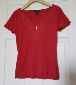 Lauren Ralph Lauren Women’s Red Short-Sleeve Shirt w/Button Detail - Size Medium - Picture 1 of 7