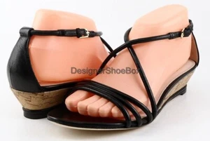 $268 ELIE TAHARI HEATHER Black Leather Designer Low Wedge Sandals 6.5 EUR 36.5 - Picture 1 of 3