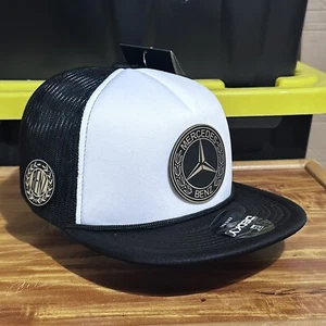 Mercedes Benz Benz Foam Trucker Hat Flat Brim Black & White SnapBack Men’s - Picture 1 of 4